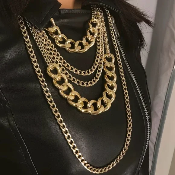 Trendy European Chunky 5 Gold Layered Necklace - Picture 2 of 5